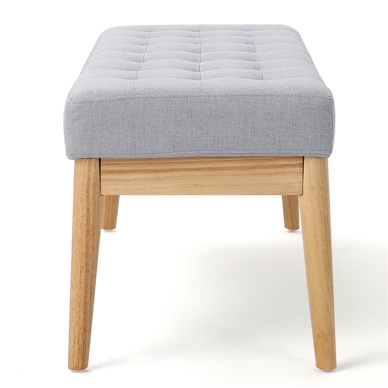 Benjara Gisa Ottoman Bench- Light Gray Fabric Tufted Seat- Brown Wood- 44 Inch
