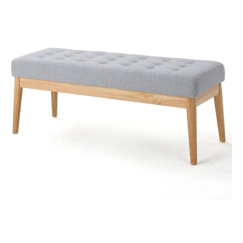 Benjara Gisa Ottoman Bench- Light Gray Fabric Tufted Seat- Brown Wood- 44 Inch