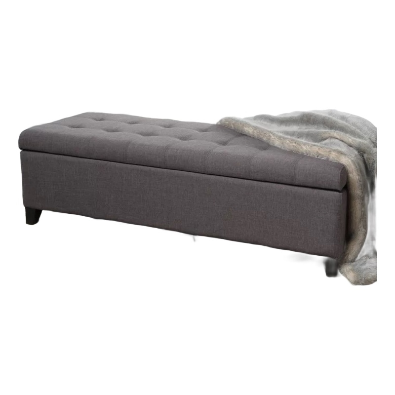 Benjara Nira Storage Ottoman Bench- Button Tufted Dark Gray Fabric- 51 Inch