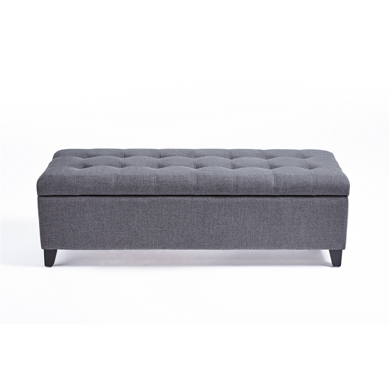 Benjara Nira Storage Ottoman Bench- Button Tufted Dark Gray Fabric- 51 Inch