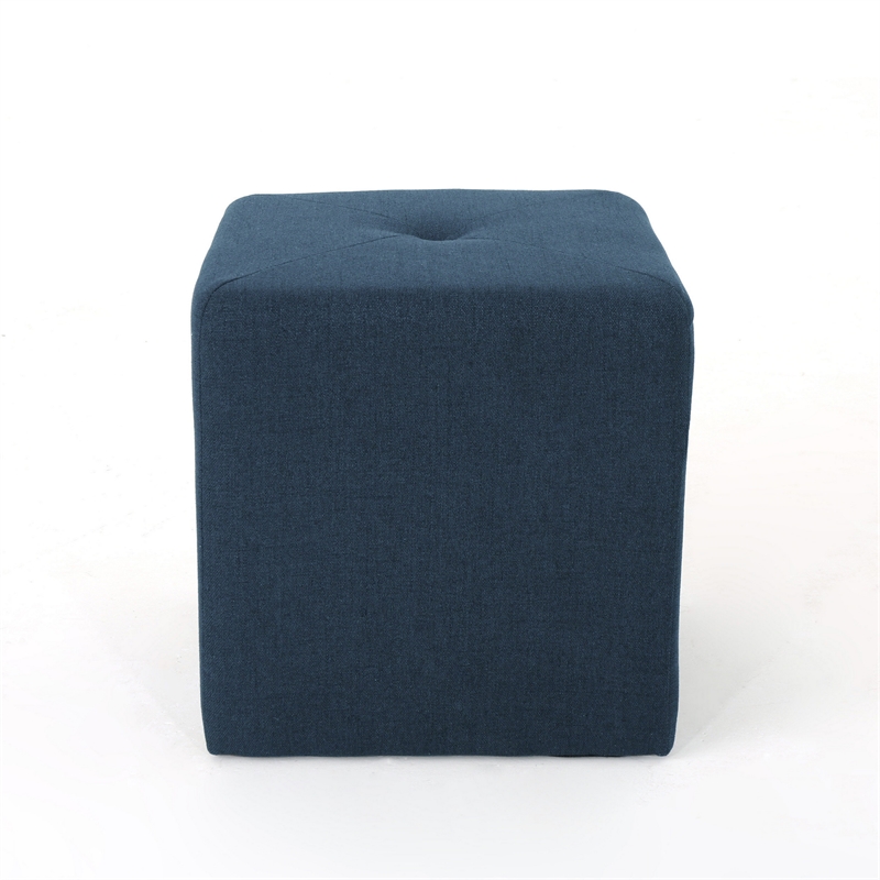 Benjara Liasa Ottoman- Cube Shape- Navy Blue Fabric- Plush Cushion- 17 Inch