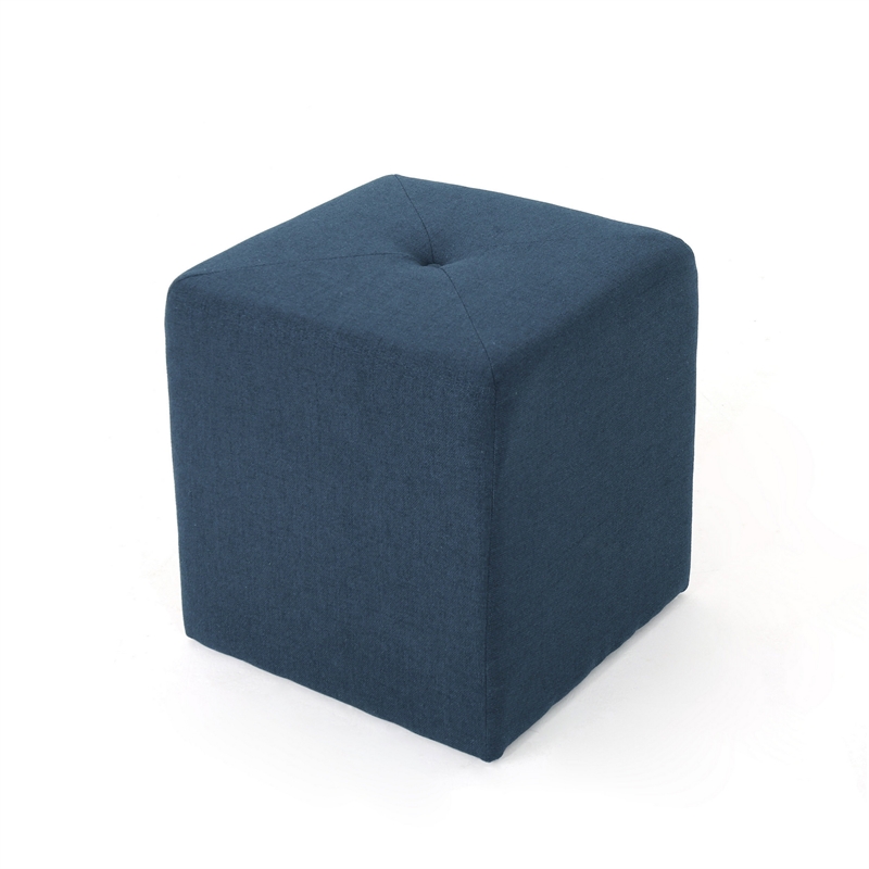 Benjara Liasa Ottoman- Cube Shape- Navy Blue Fabric- Plush Cushion- 17 Inch
