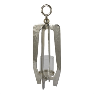 Benjara Brie Candle Holder Lantern- 27 Inch- Silver Metal Frame- Glass Shade