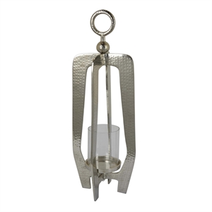Benjara Brie Candle Holder Lantern- 27 Inch- Silver Metal Frame- Glass Shade
