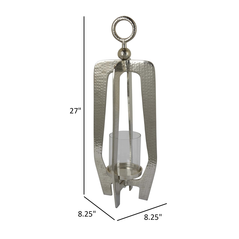 Benjara Brie Candle Holder Lantern- 27 Inch- Silver Metal Frame- Glass Shade