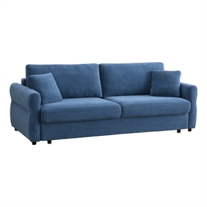 Benjara Sofa with Queen Size Pull Out Sleeper- 92&quot Wood Frame- Blue Fabric