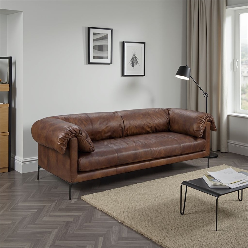 Benjara Sofa- Classic 96 Inch- Black Metal Legs- Mocha Brown Top Grain Leather