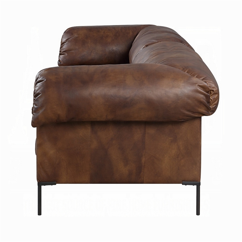 Benjara Sofa- Classic 96 Inch- Black Metal Legs- Mocha Brown Top Grain Leather
