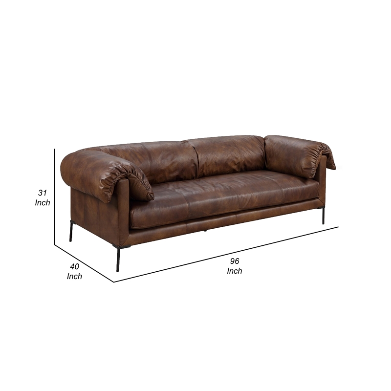 Benjara Sofa- Classic 96 Inch- Black Metal Legs- Mocha Brown Top Grain Leather