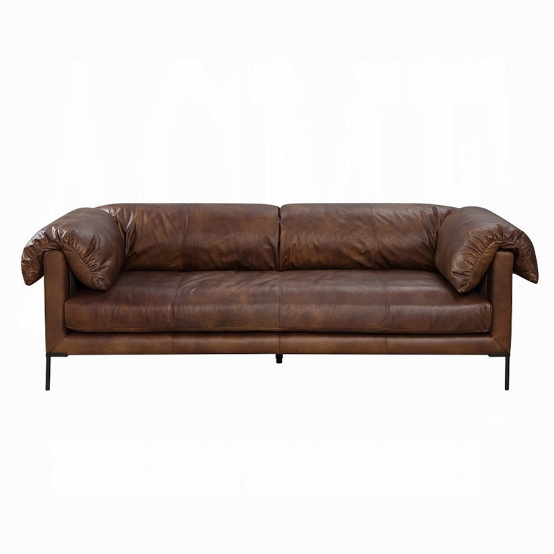 Benjara Sofa- Classic 96 Inch- Black Metal Legs- Mocha Brown Top Grain Leather