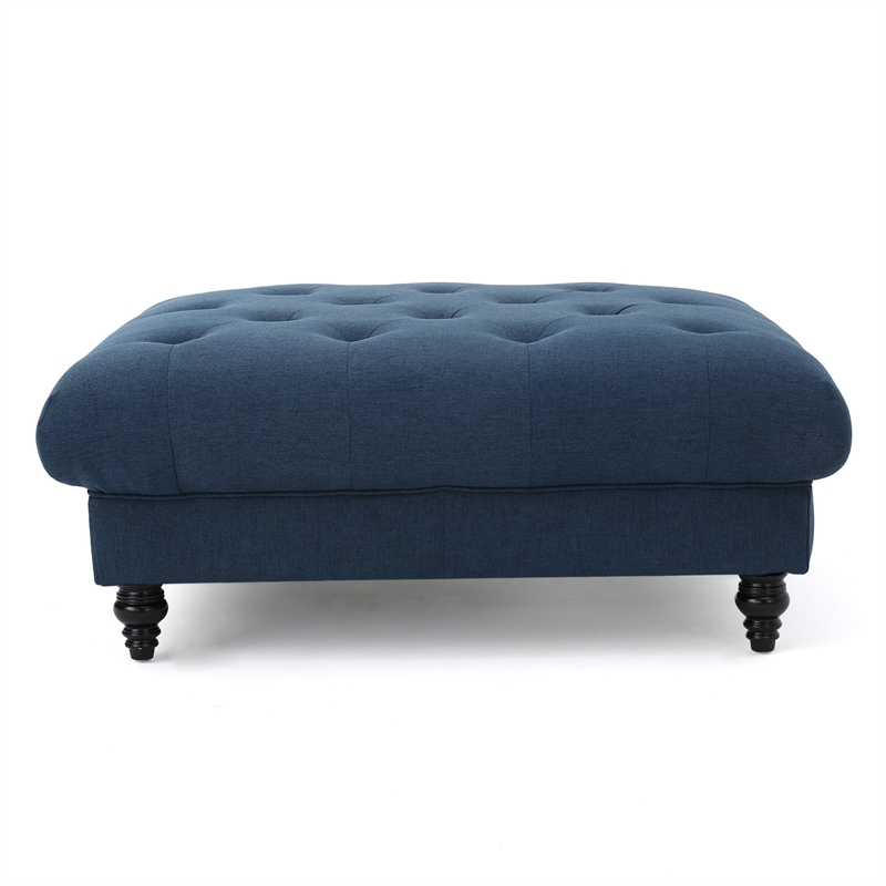 Benjara Capri Ottoman- Tufted Navy Blue Fabric- Birch Wood- Square 41 Inch