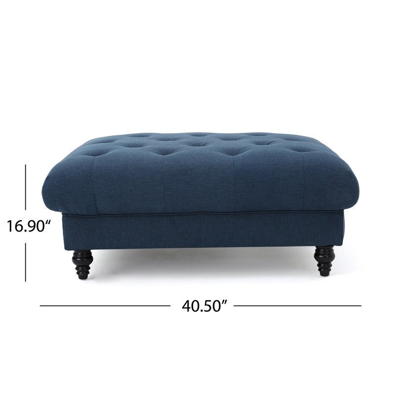 Benjara Capri Ottoman- Tufted Navy Blue Fabric- Birch Wood- Square 41 Inch