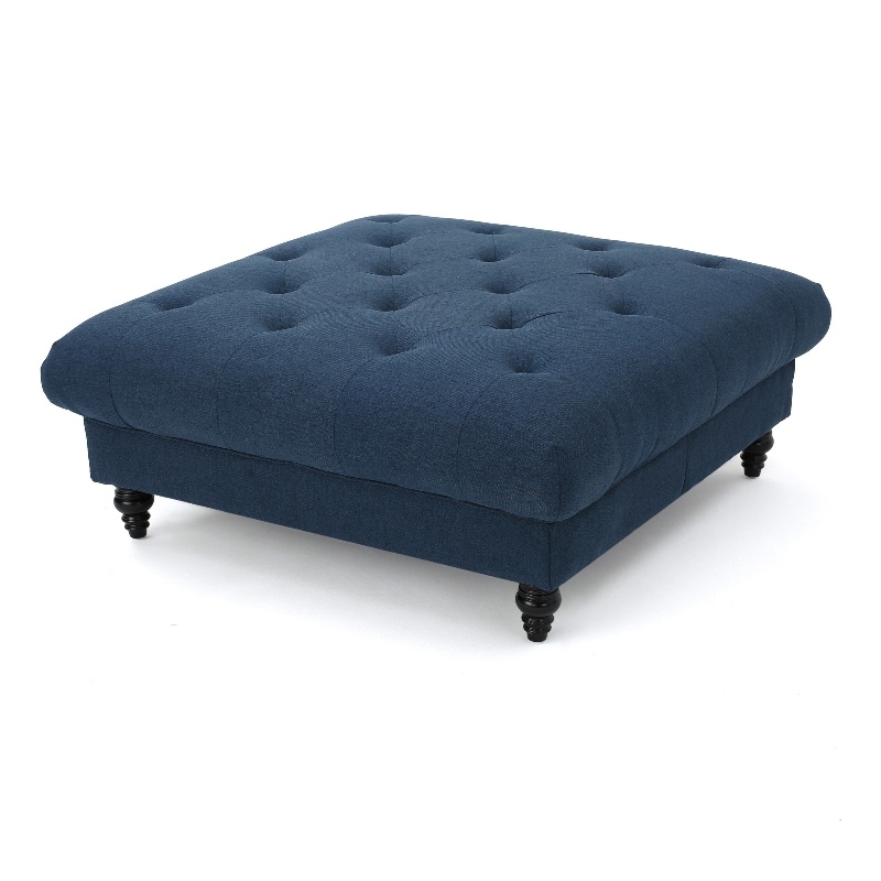 Benjara Capri Ottoman- Tufted Navy Blue Fabric- Birch Wood- Square 41 Inch