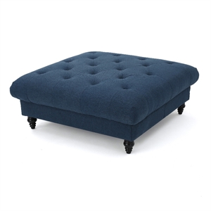 Benjara Capri Ottoman- Tufted Navy Blue Fabric- Birch Wood- Square 41 Inch