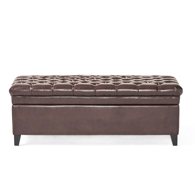 Benjara Rhya Storage Ottoman Bench- Brown Faux Leather- Black Wood- 50 Inch