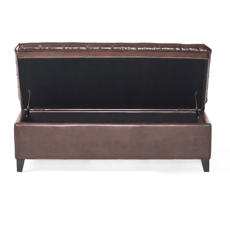 Benjara Rhya Storage Ottoman Bench- Brown Faux Leather- Black Wood- 50 Inch