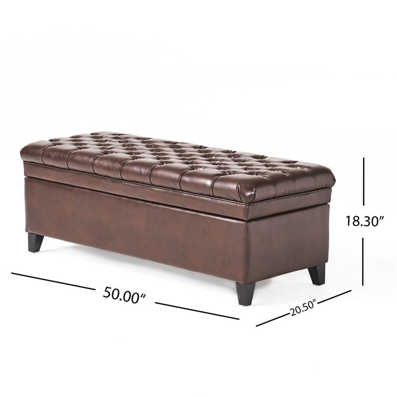Benjara Rhya Storage Ottoman Bench- Brown Faux Leather- Black Wood- 50 Inch