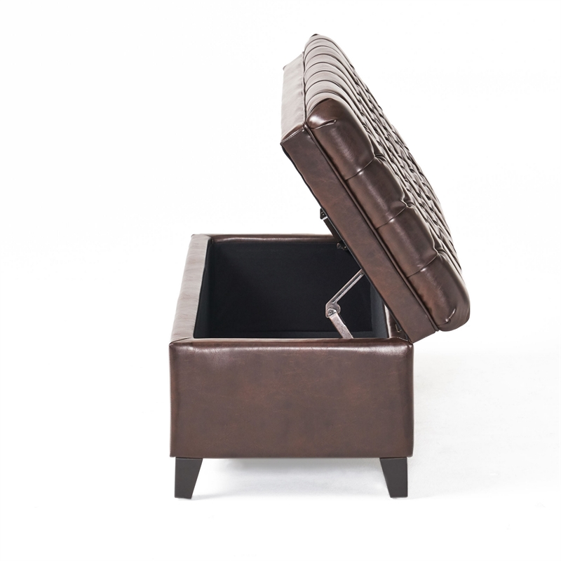 Benjara Rhya Storage Ottoman Bench- Brown Faux Leather- Black Wood- 50 Inch