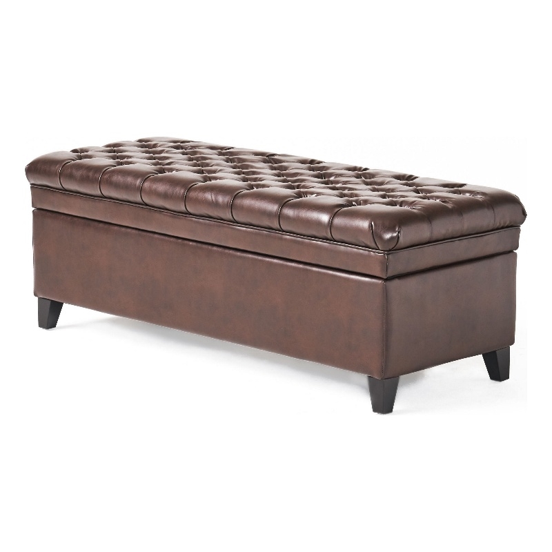 Benjara Rhya Storage Ottoman Bench- Brown Faux Leather- Black Wood- 50 Inch
