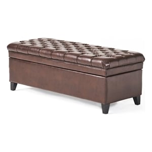 Benjara Rhya Storage Ottoman Bench- Brown Faux Leather- Black Wood- 50 Inch