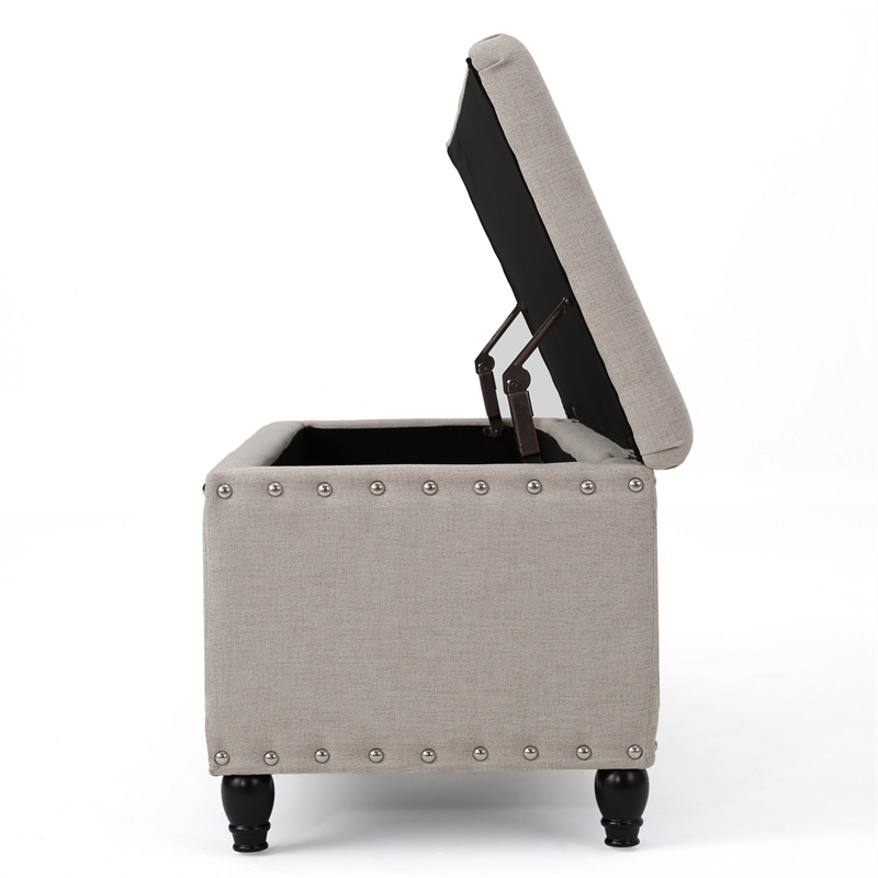 Benjara Sharon Storage Ottoman Bench- Beige Fabric- Nailhead Trim- 42 Inch