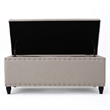 Benjara Sharon Storage Ottoman Bench- Beige Fabric- Nailhead Trim- 42 Inch