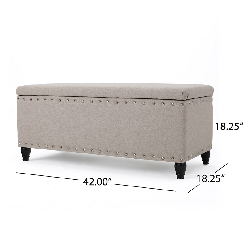 Benjara Sharon Storage Ottoman Bench- Beige Fabric- Nailhead Trim- 42 Inch