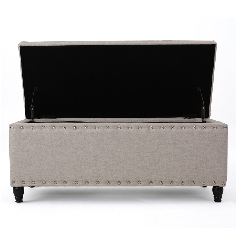 Benjara Sharon Storage Ottoman Bench- Beige Fabric- Nailhead Trim- 42 Inch