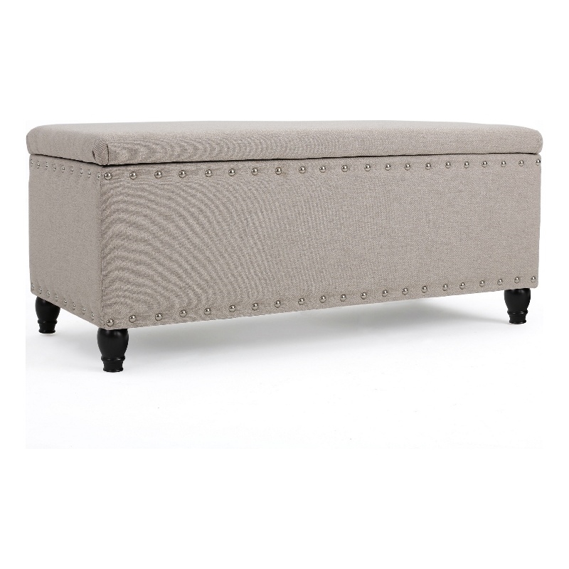 Benjara Sharon Storage Ottoman Bench- Beige Fabric- Nailhead Trim- 42 Inch