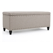 Benjara Sharon Storage Ottoman Bench- Beige Fabric- Nailhead Trim- 42 Inch
