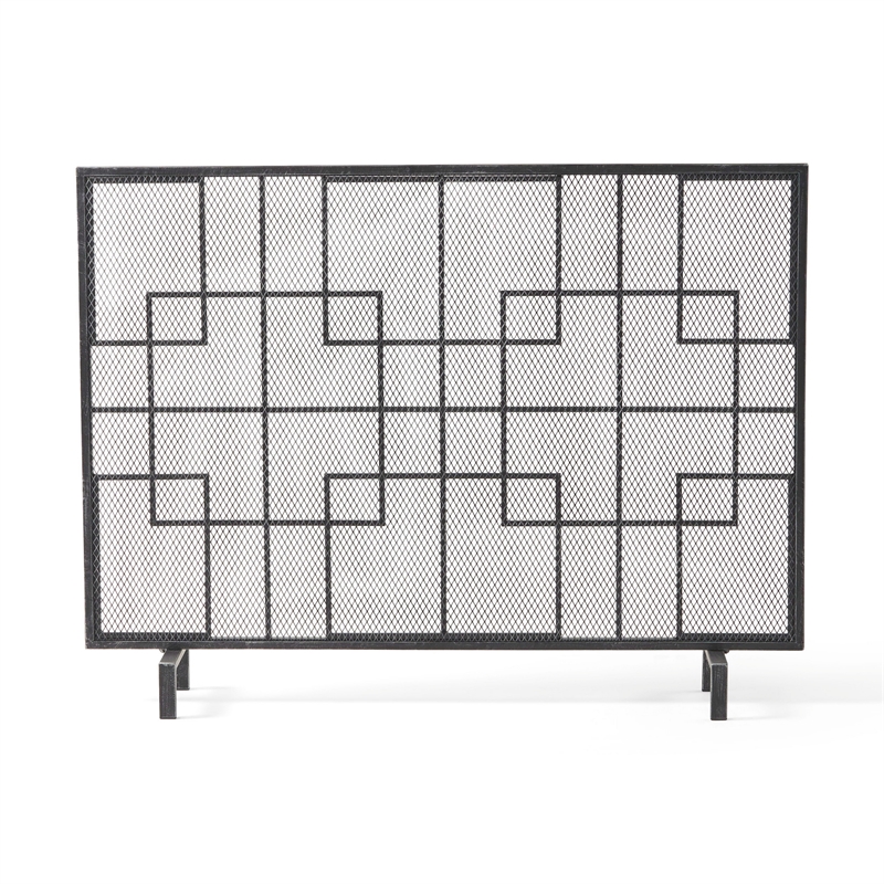 Benjara 31x41 Fireplace Screen with Mesh- Contemporary Design- Black- Silver