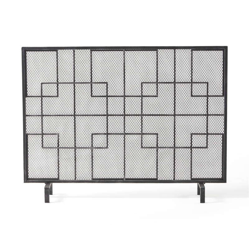 Benjara 31x41 Fireplace Screen with Mesh- Contemporary Design- Black- Silver