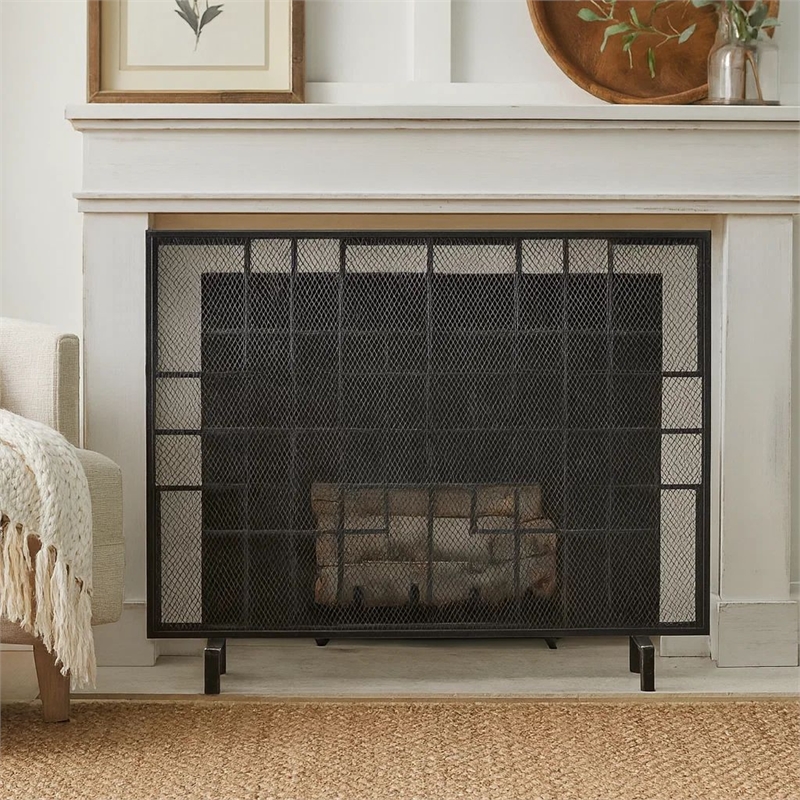 Benjara 31x41 Fireplace Screen with Mesh- Contemporary Design- Black- Silver