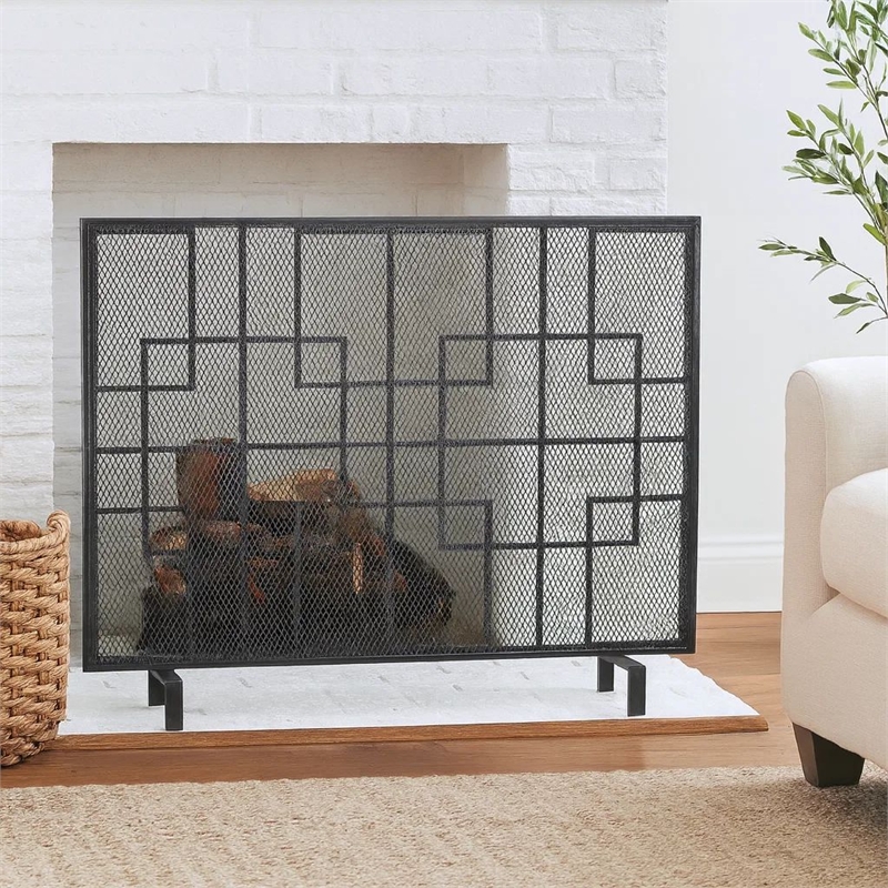 Benjara 31x41 Fireplace Screen with Mesh- Contemporary Design- Black- Silver