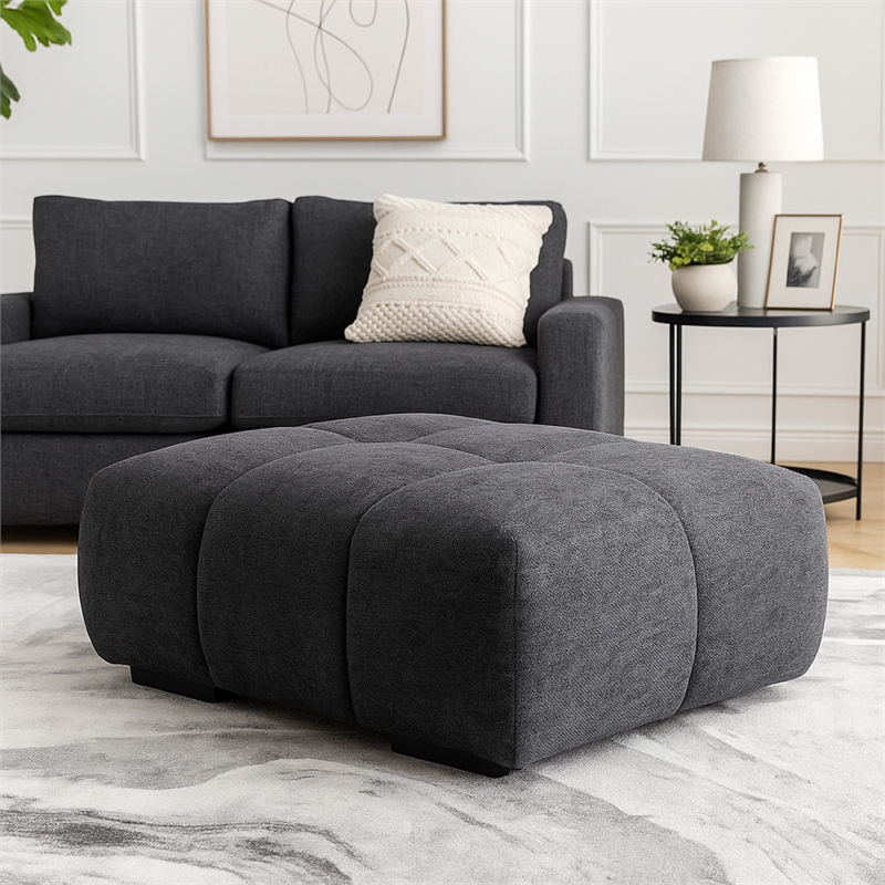 Benjara Cloe Modern Ottoman- Tufted Gray Linen Upholstery- 39x26 Solid Wood