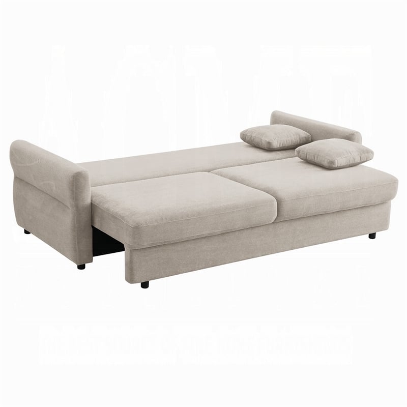 Benjara Isy Sofa with Pull Out Sleeper- Removable Cushions- 2 Pillows- Beige