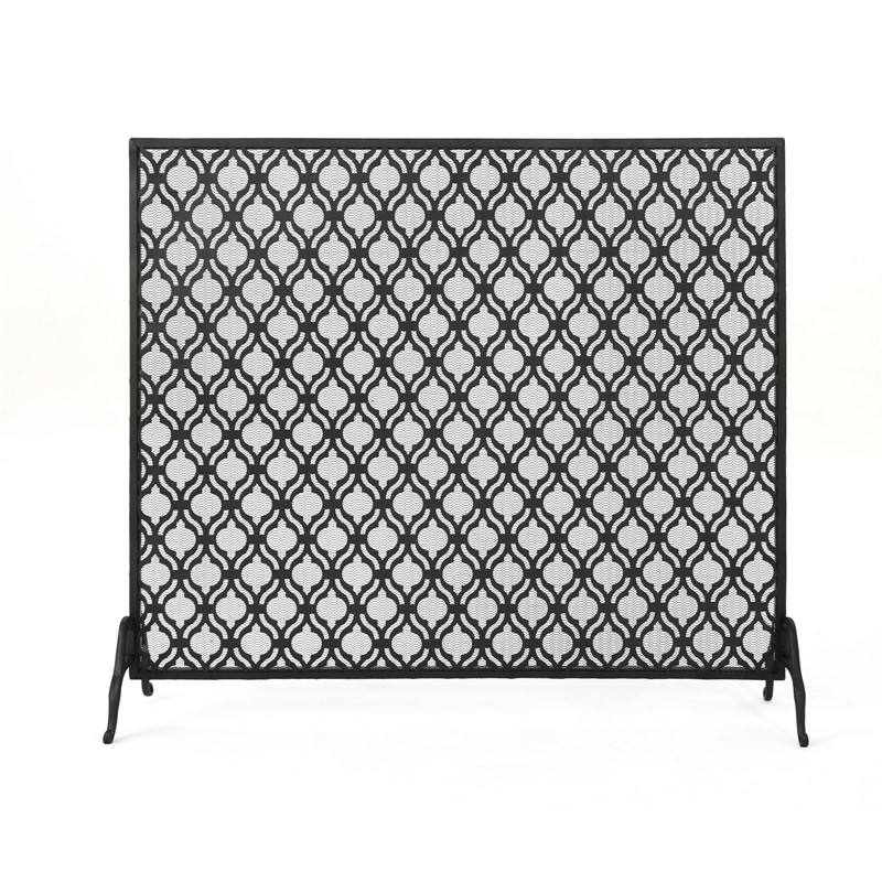 Benjara 35x39 Fireplace Screen- Flower Design- Classic Matte Black Iron Finish
