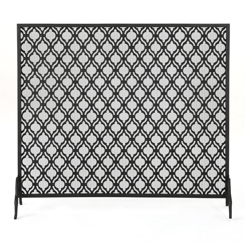 Benjara 35x39 Fireplace Screen- Flower Design- Classic Matte Black Iron Finish