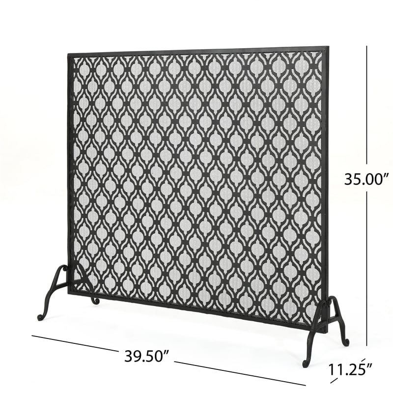 Benjara 35x39 Fireplace Screen- Flower Design- Classic Matte Black Iron Finish