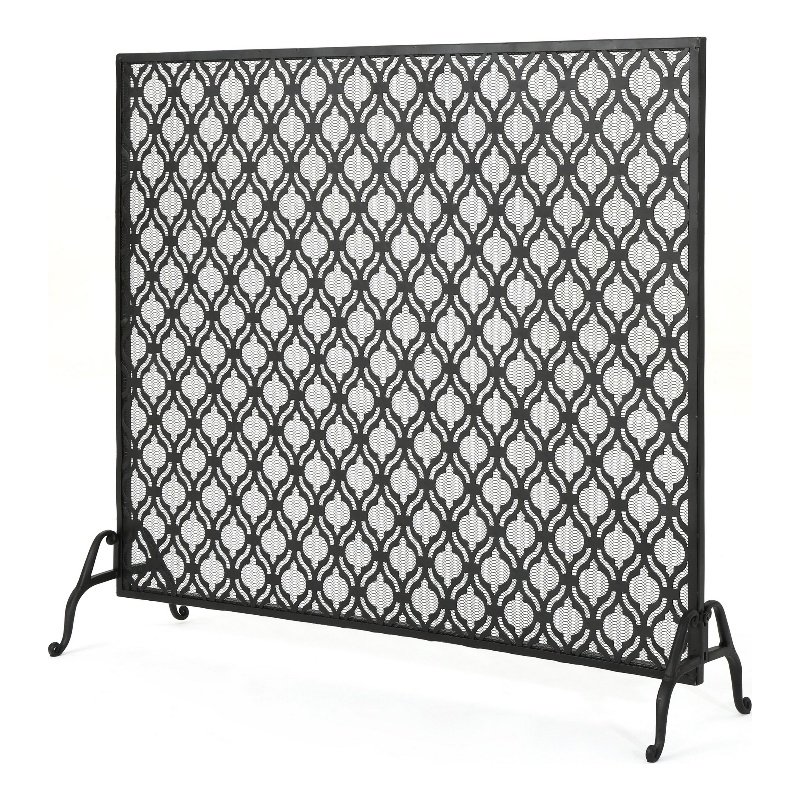 Benjara 35x39 Fireplace Screen- Flower Design- Classic Matte Black Iron Finish