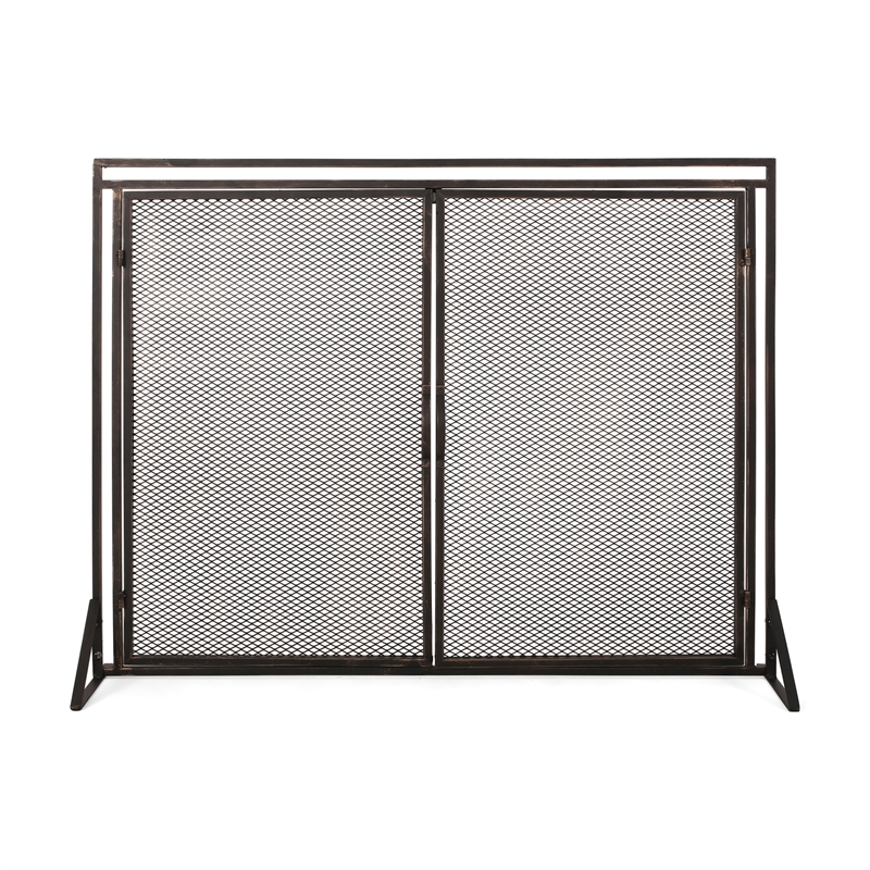 Benjara 31x40 Fireplace Screen- 2 Door Diamond Mesh Design- Black Bronze Iron