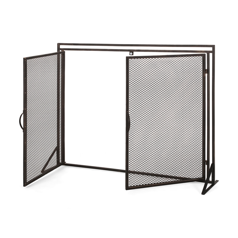 Benjara 31x40 Fireplace Screen- 2 Door Diamond Mesh Design- Black Bronze Iron