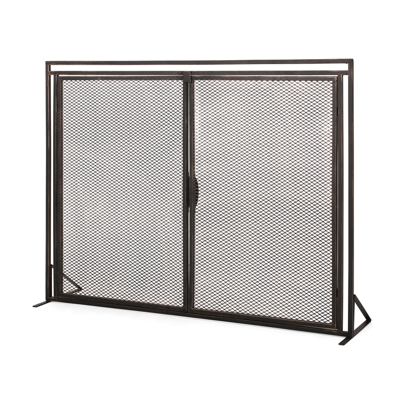 Benjara 31x40 Fireplace Screen- 2 Door Diamond Mesh Design- Black Bronze Iron