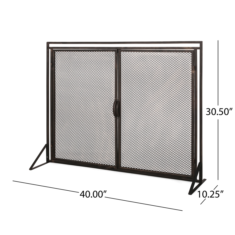 Benjara 31x40 Fireplace Screen- 2 Door Diamond Mesh Design- Black Bronze Iron