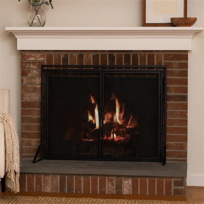 Benjara 31x40 Fireplace Screen- 2 Door Diamond Mesh Design- Black Bronze Iron