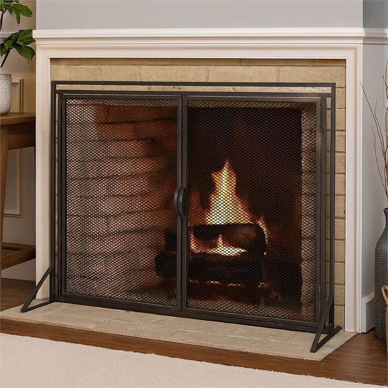 Benjara 31x40 Fireplace Screen- 2 Door Diamond Mesh Design- Black Bronze Iron