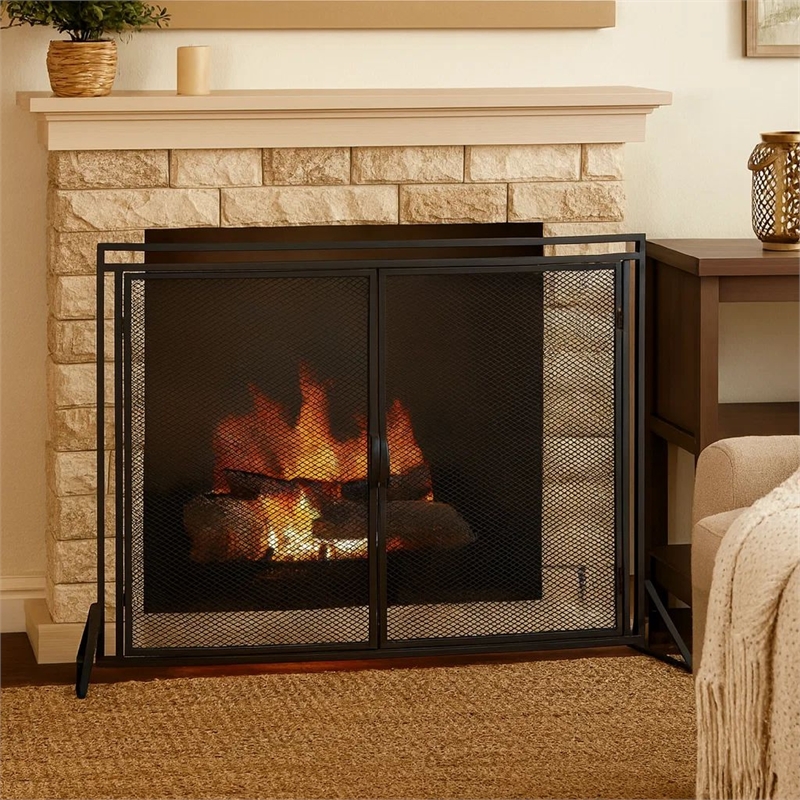 Benjara 31x40 Fireplace Screen- 2 Door Diamond Mesh Design- Black Bronze Iron