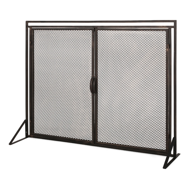 Benjara 31x40 Fireplace Screen- 2 Door Diamond Mesh Design- Black Bronze Iron