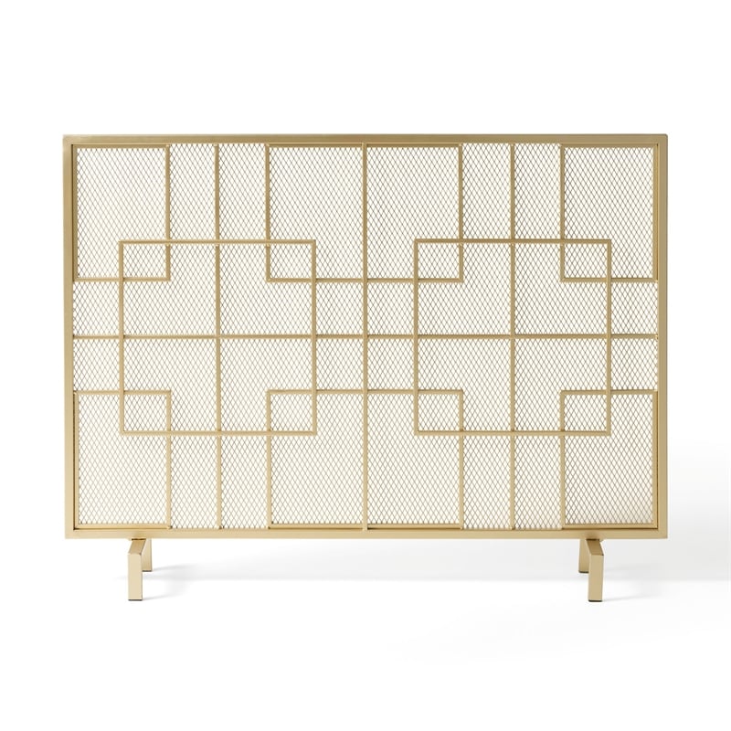 Benjara 31x41 Fireplace Screen- Overlapping Square Design- Classic Gold Iron