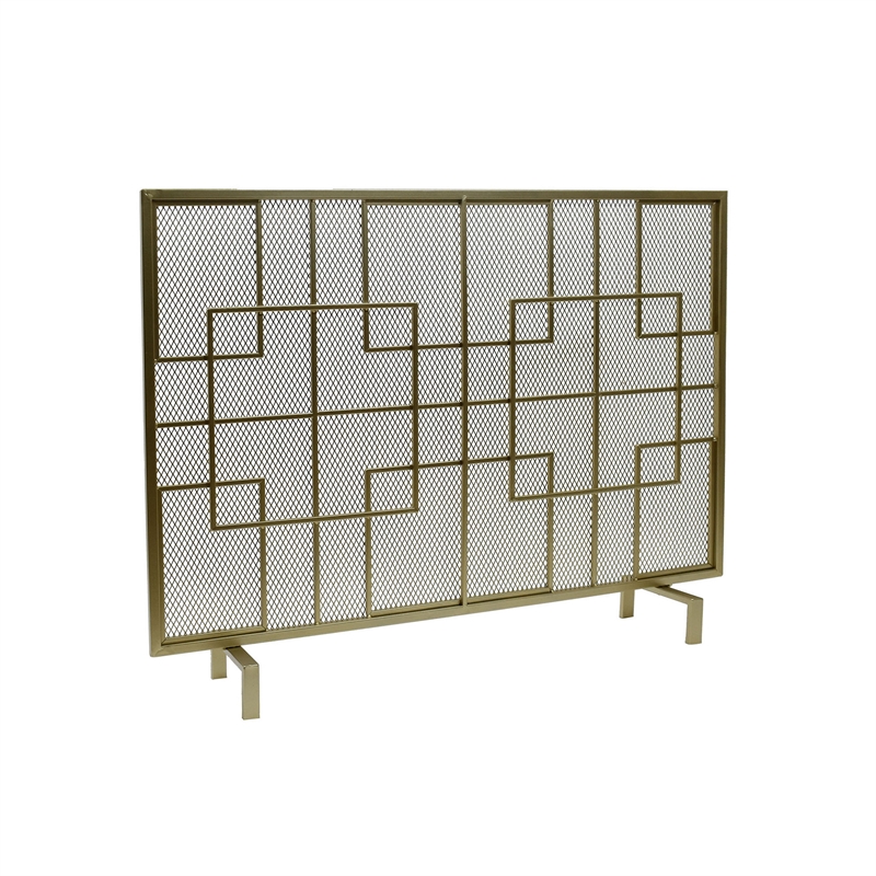 Benjara 31x41 Fireplace Screen- Overlapping Square Design- Classic Gold Iron